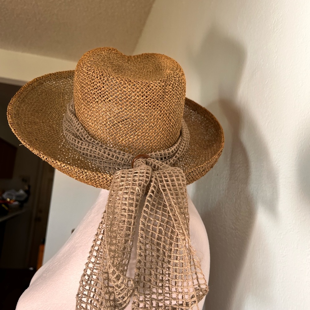 Tinatoo wide brim raffia straw natural sun hat w/trim